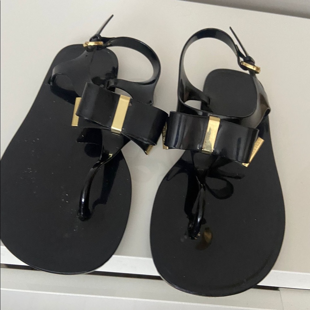 Black and Gold Strappy Jelly Sandals